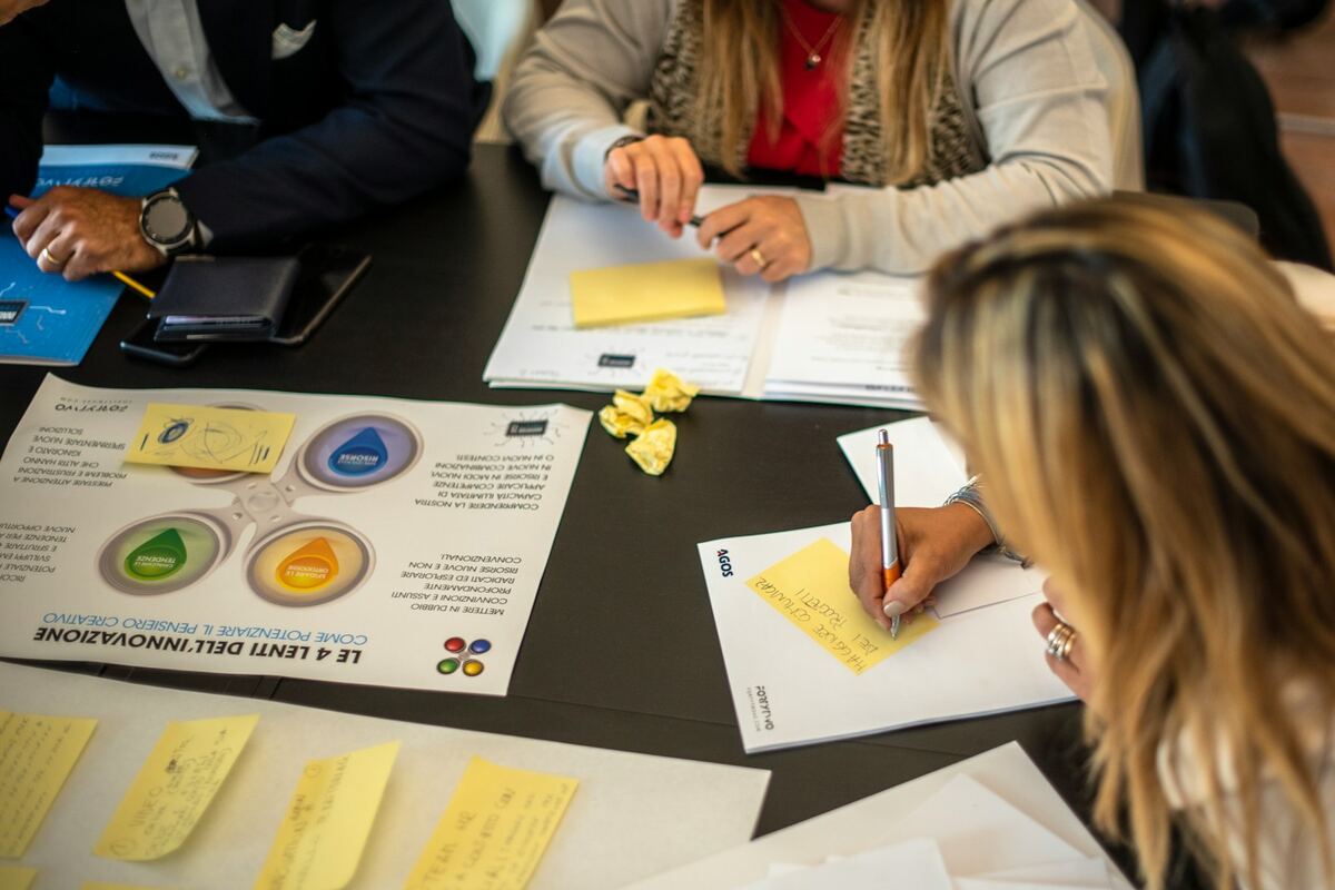 Een werktafel gezien van bovenaf tijdens een groepssessie: handen die op gele memoblaadjes schrijven, losse vellen en een uitgeprint werkblad.